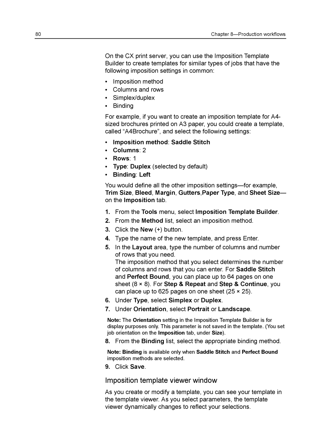 Xerox CX manual Imposition template viewer window, Imposition method Saddle Stitch Columns Rows, Binding Left 