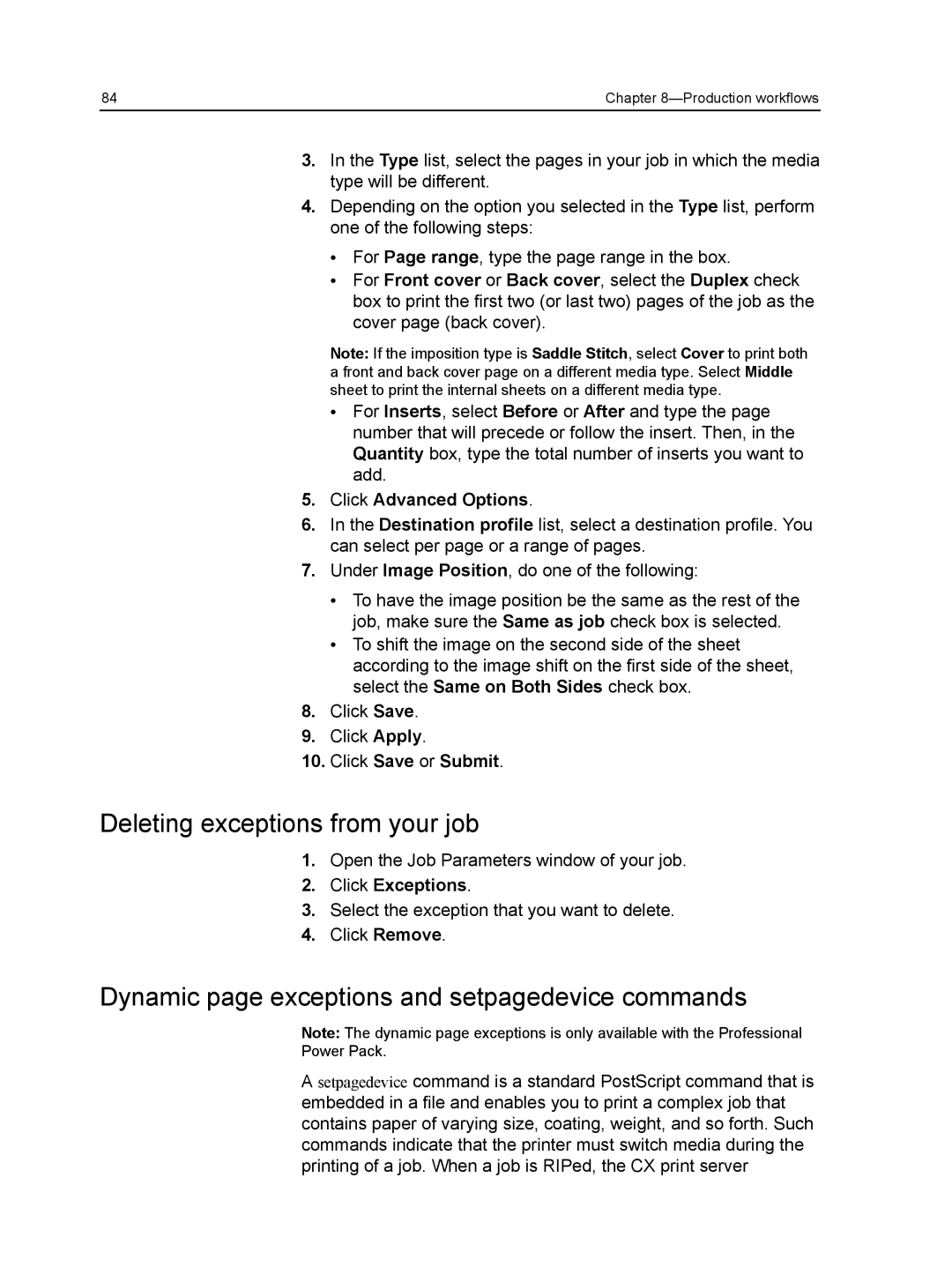 Xerox CX Deleting exceptions from your job, Dynamic page exceptions and setpagedevice commands, Click Advanced Options 