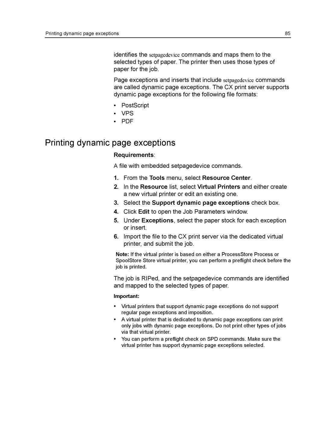 Xerox CX manual Printing dynamic page exceptions, Select the Support dynamic page exceptions check box 