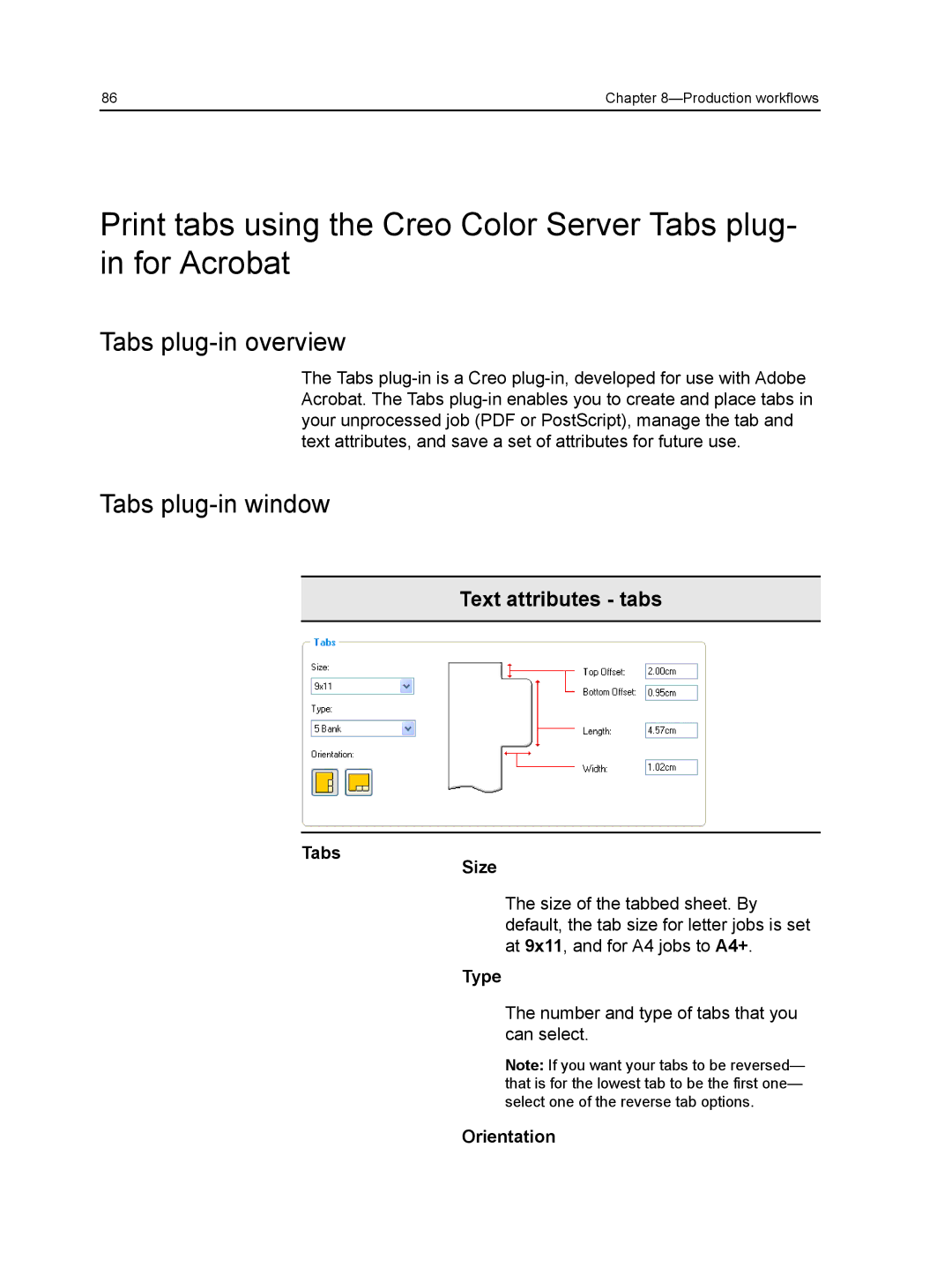 Xerox CX manual Tabs plug-in overview Tabs plug-in window, Tabs Size, Type, Orientation 