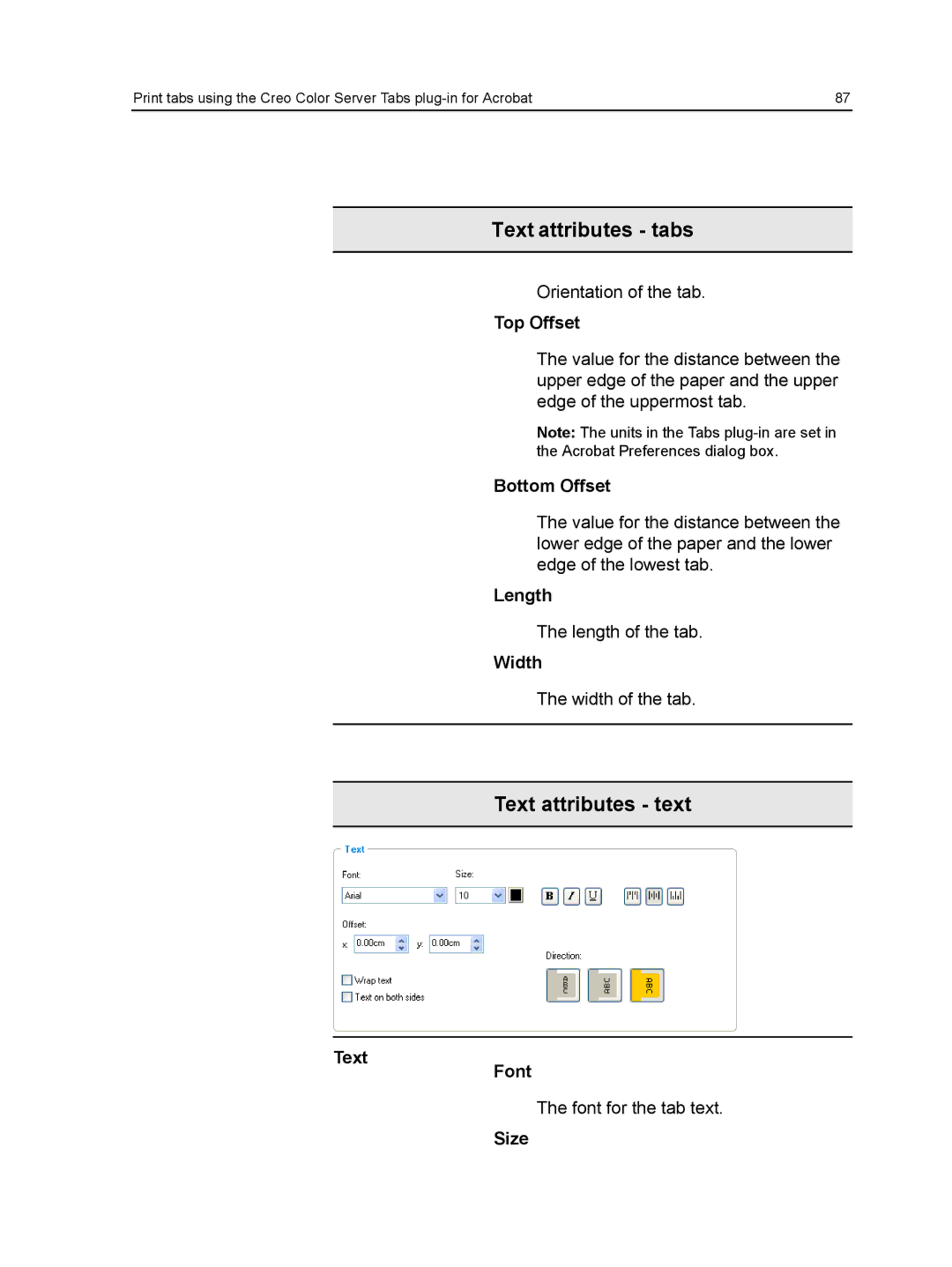 Xerox CX manual Text, Top Offset, Bottom Offset, Length, Width, Font 