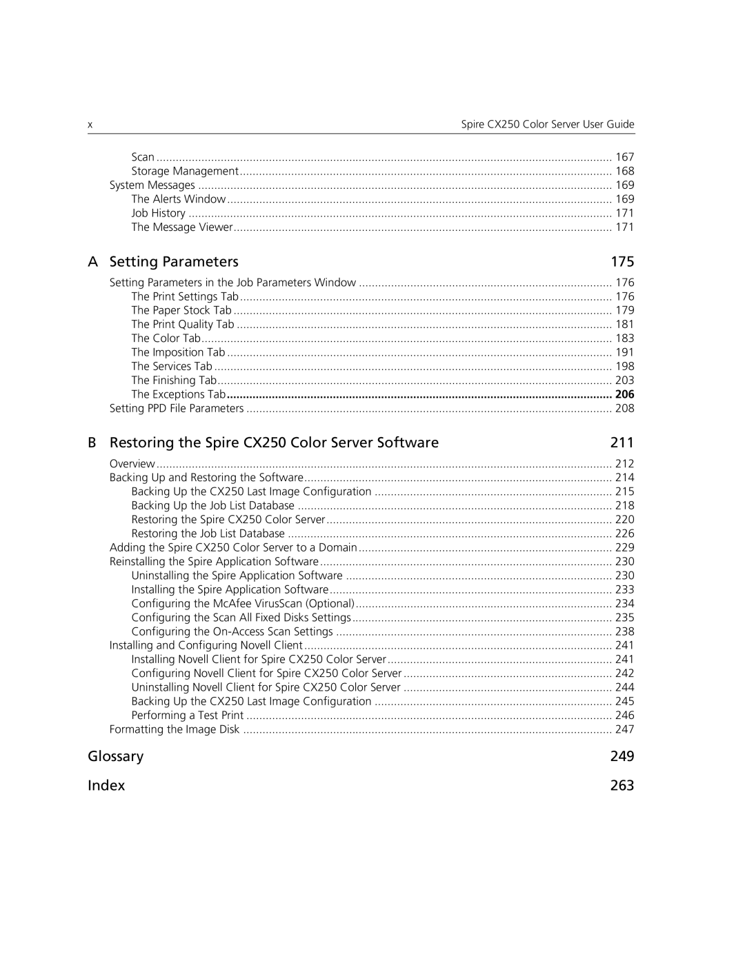 Xerox CX240 manual Setting Parameters 175, Restoring the Spire CX250 Color Server Software 211, Glossary 249 Index 263 