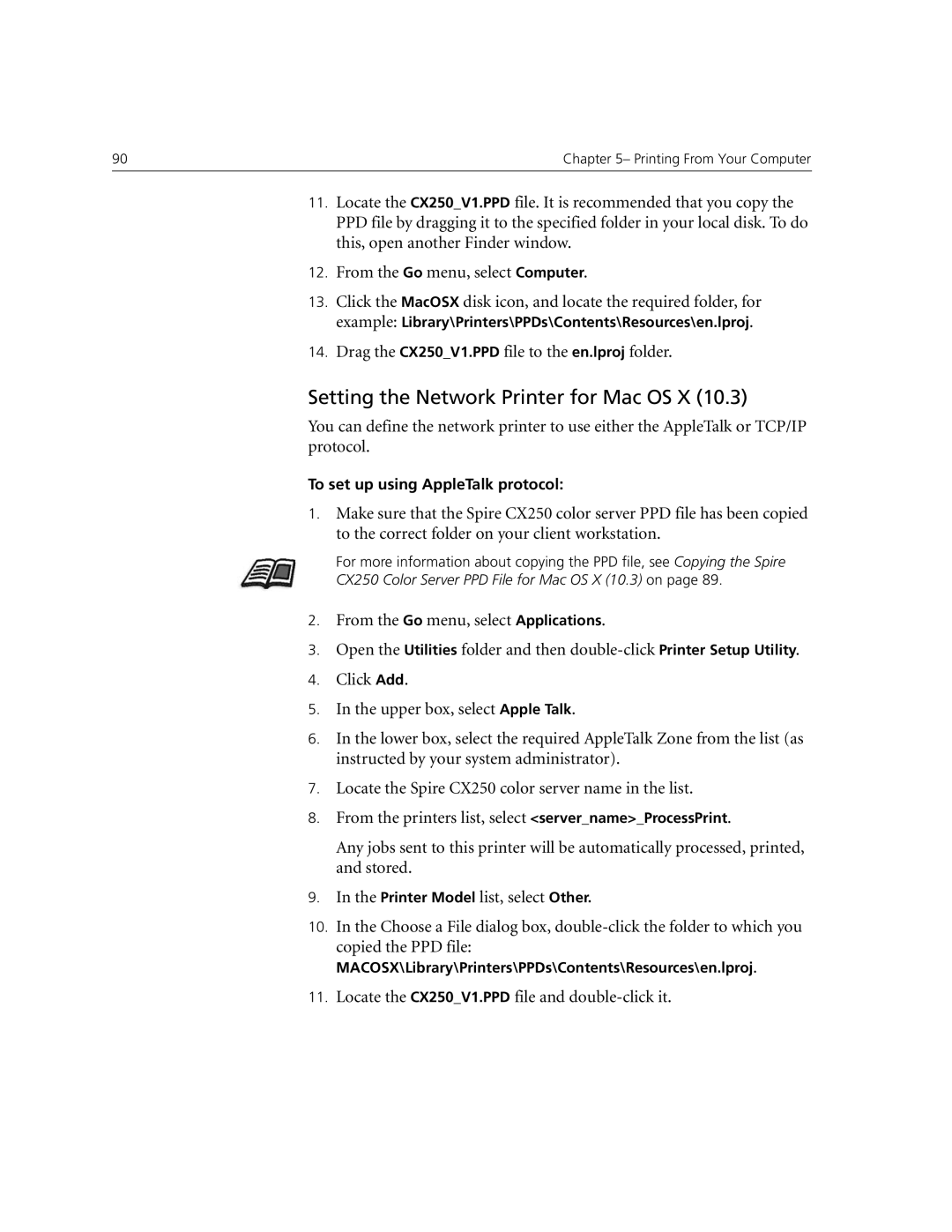 Xerox CX240 manual Setting the Network Printer for Mac OS X, Drag the CX250V1.PPD file to the en.lproj folder 