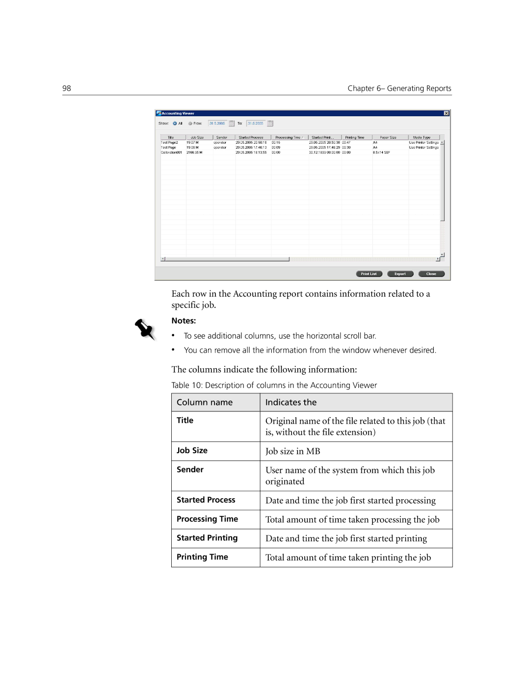 Xerox CX240 Columns indicate the following information, Original name of the file related to this job that, Job size in MB 