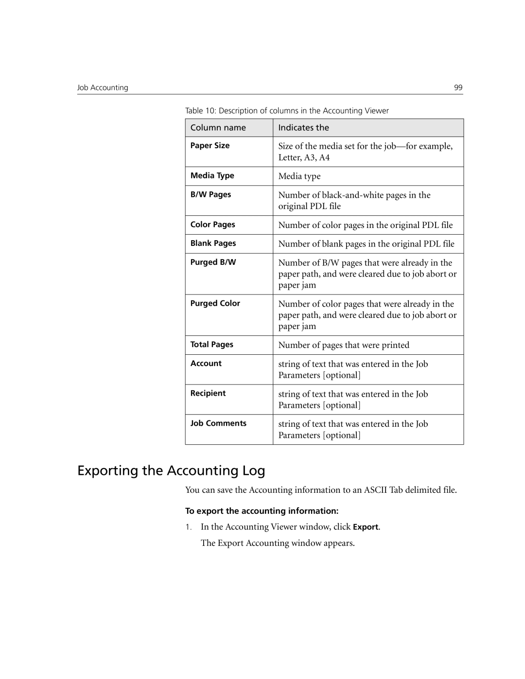 Xerox CX250, CX240 manual Exporting the Accounting Log 