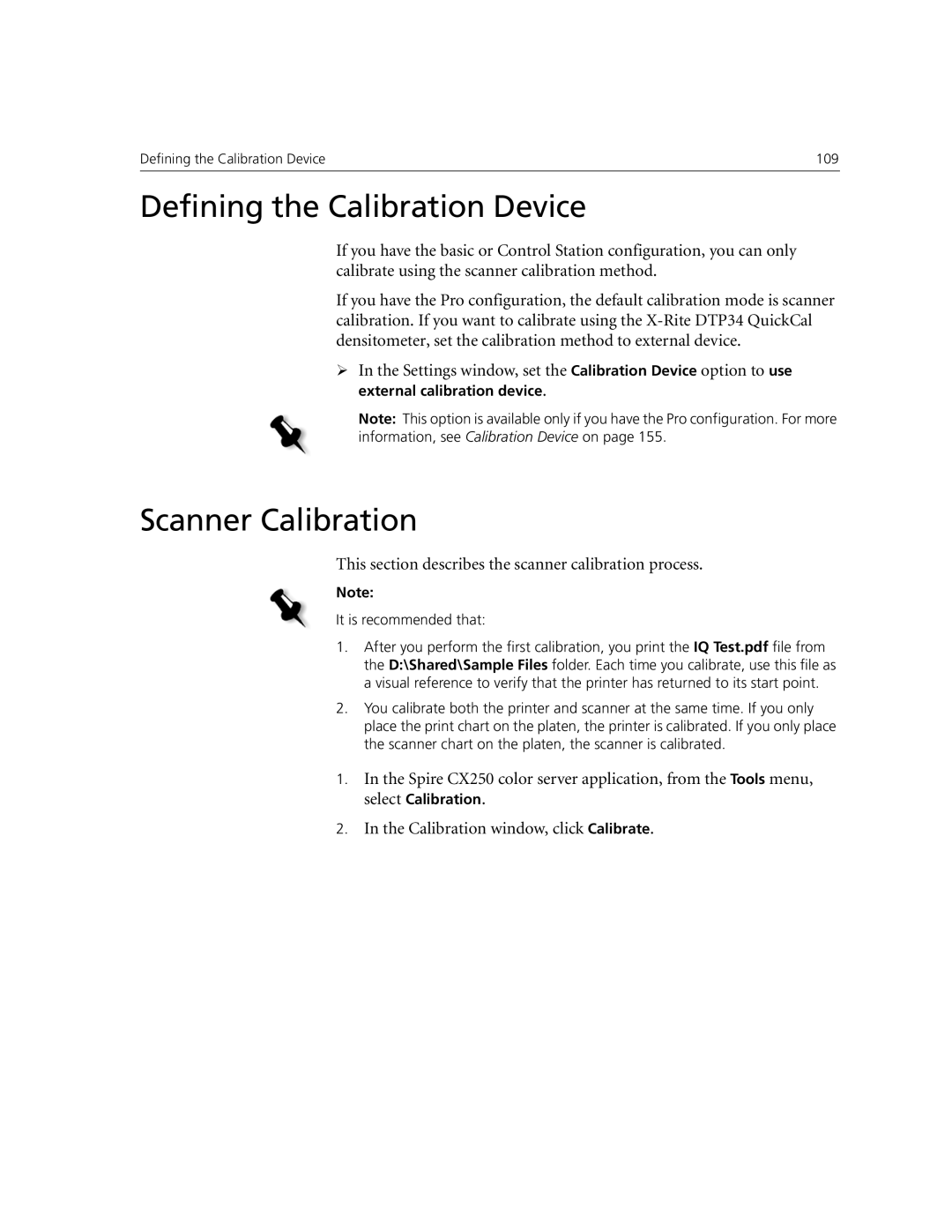 Xerox CX250 Defining the Calibration Device, Scanner Calibration, This section describes the scanner calibration process 