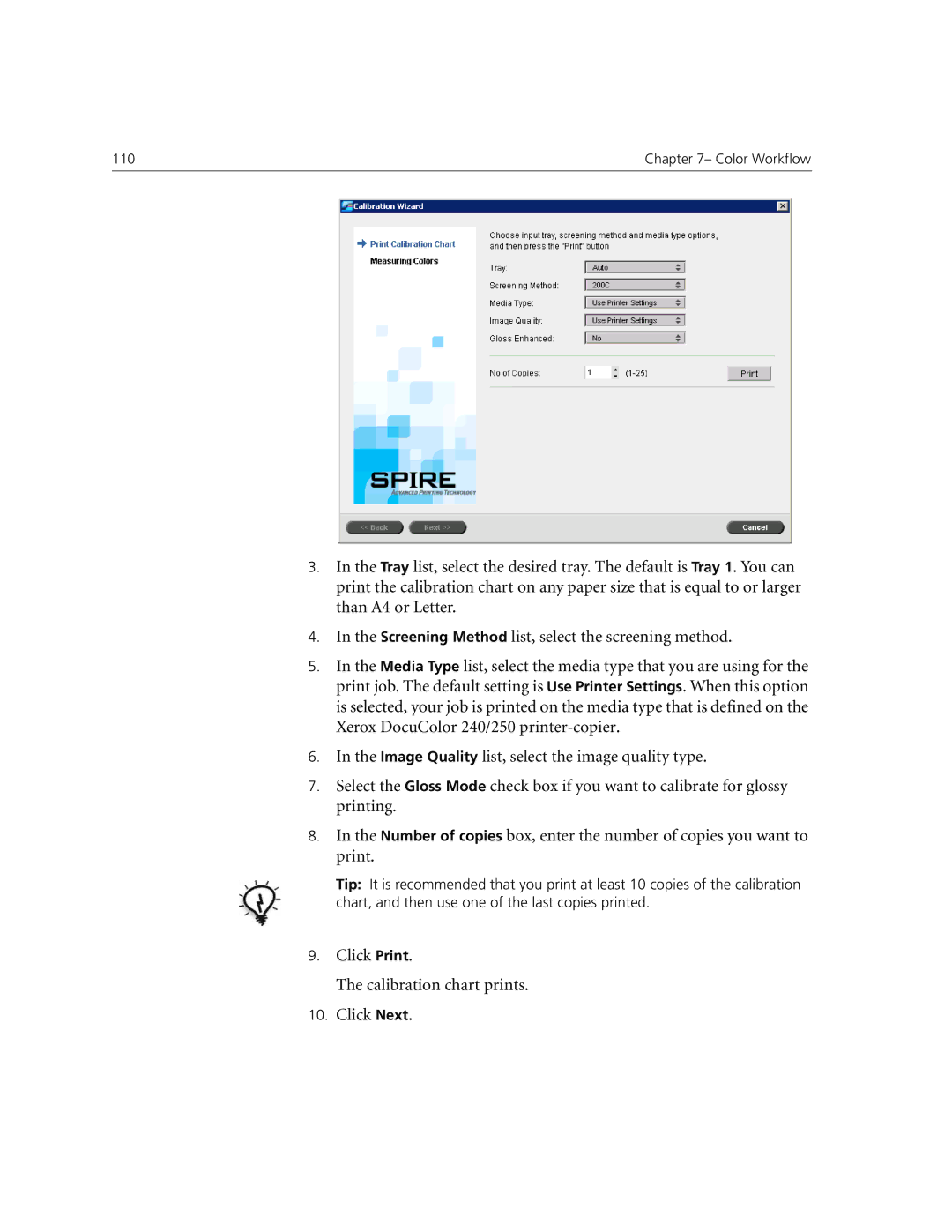 Xerox CX240, CX250 manual Click Print Calibration chart prints Click Next 