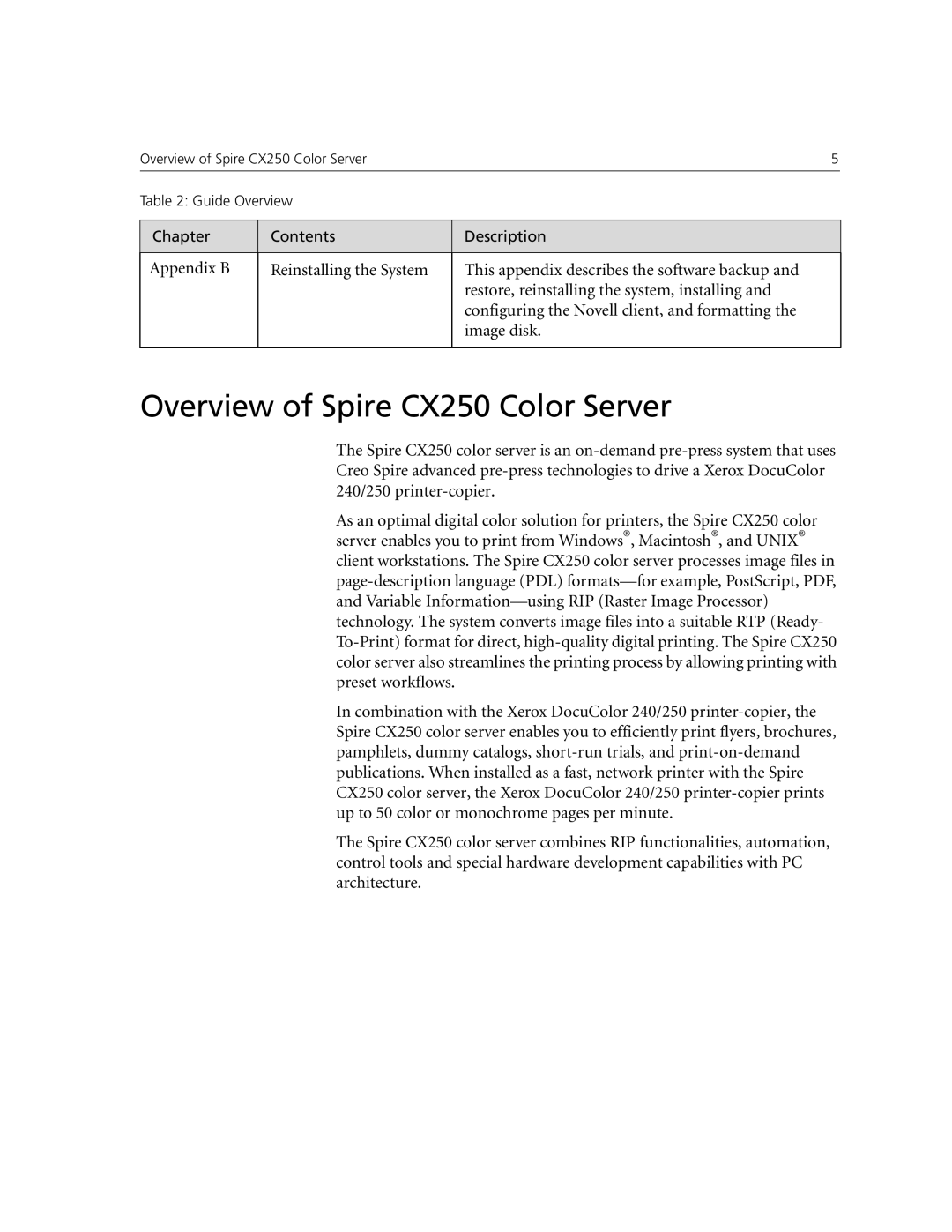 Xerox CX240 manual Overview of Spire CX250 Color Server 