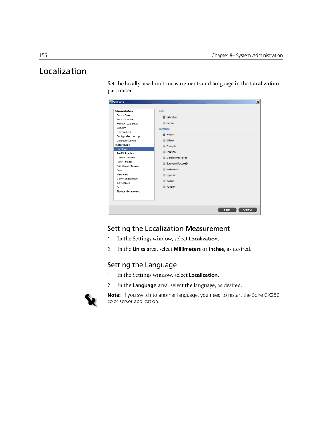 Xerox CX240, CX250 manual Setting the Localization Measurement, Setting the Language 