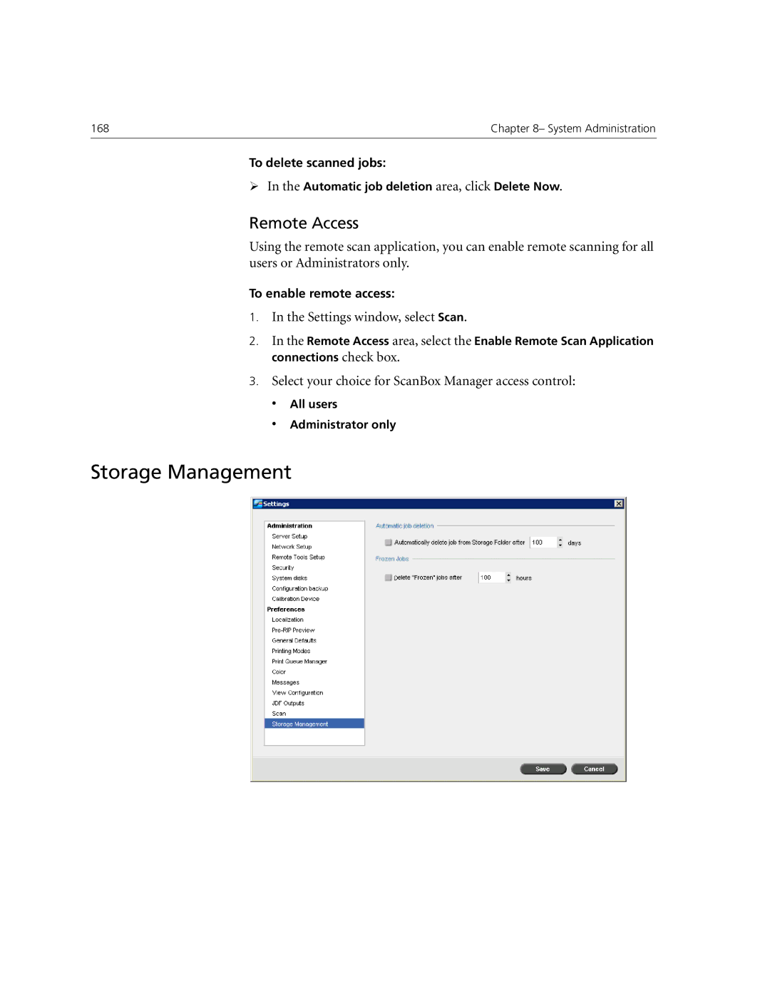 Xerox CX240, CX250 manual Storage Management, Remote Access, Settings window, select Scan 