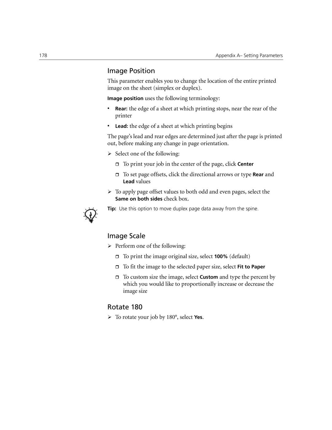 Xerox CX240, CX250 manual Image Position, Image Scale, Rotate, ¾ To rotate your job by 180, select Yes 