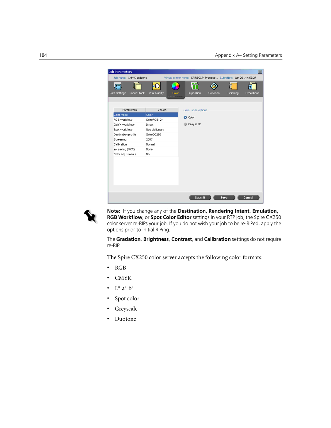 Xerox CX240 manual Spire CX250 color server accepts the following color formats, Spot color Greyscale Duotone 