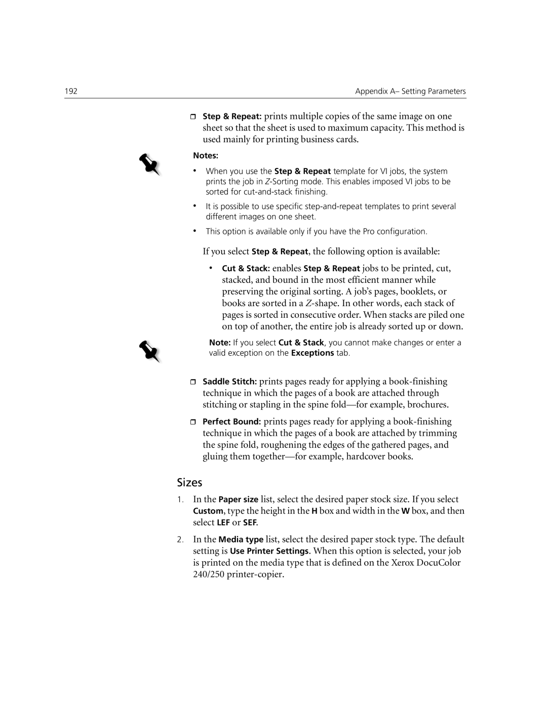 Xerox CX240, CX250 manual Sizes 