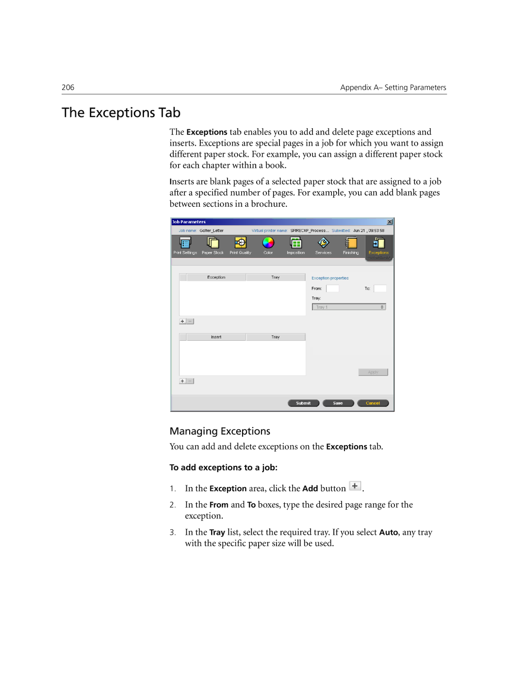 Xerox CX240, CX250 manual Exceptions Tab, Managing Exceptions, You can add and delete exceptions on the Exceptions tab 