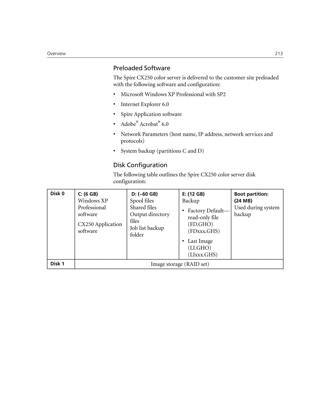 Xerox CX250, CX240 manual Preloaded Software, Disk Configuration 