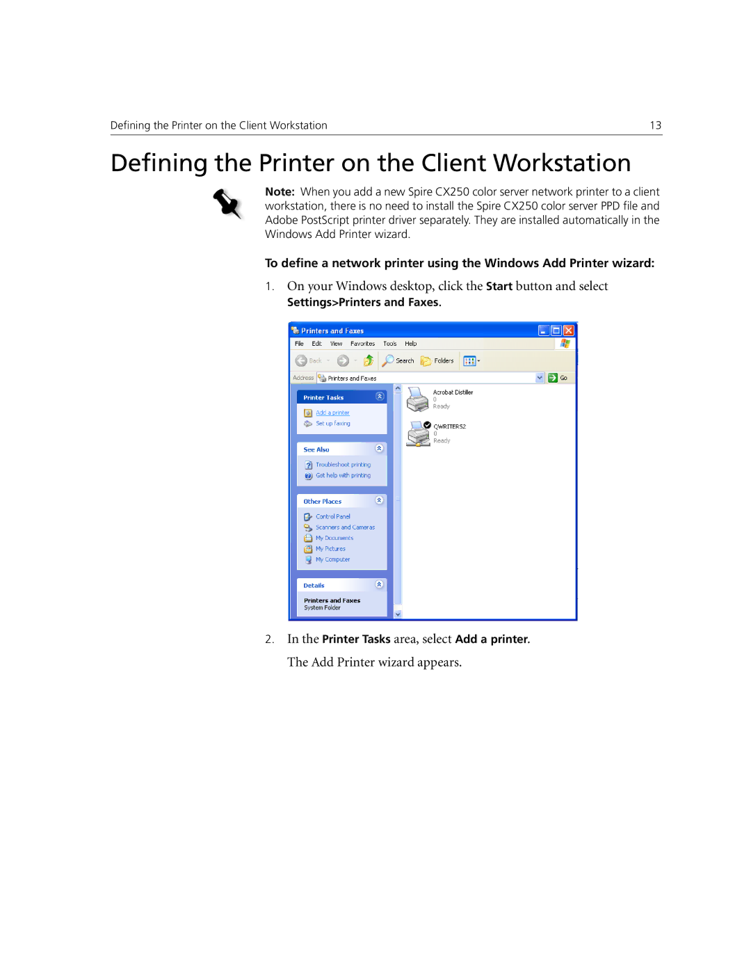 Xerox CX250 Defining the Printer on the Client Workstation, On your Windows desktop, click the Start button and select 