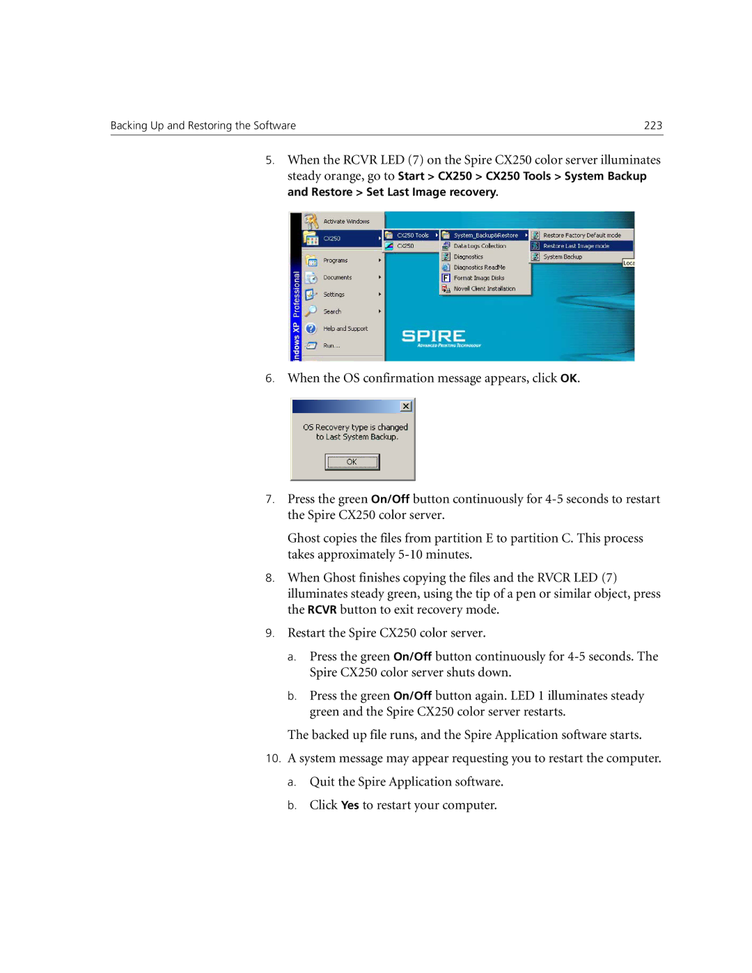 Xerox CX250, CX240 manual Backing Up and Restoring the Software 223 