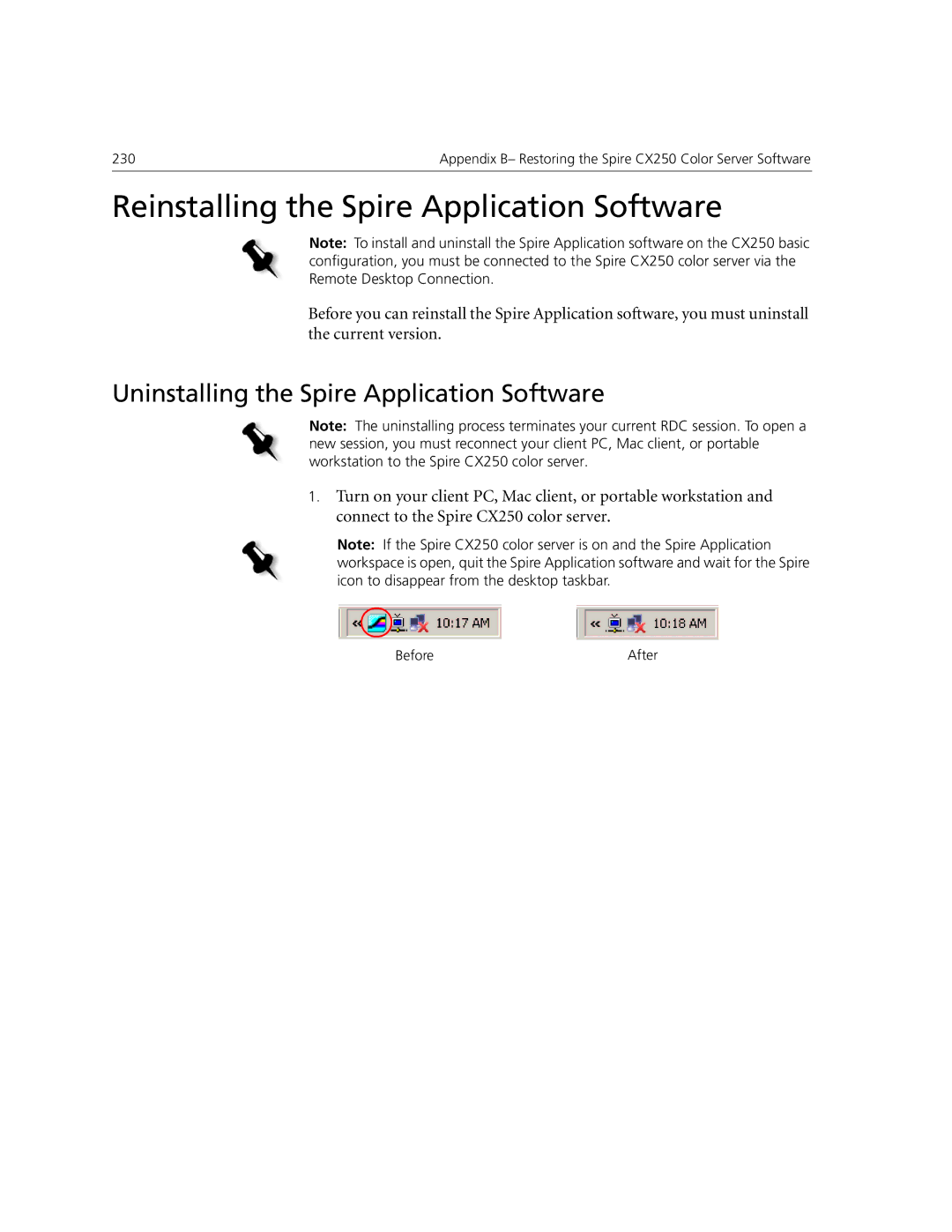 Xerox CX240, CX250 manual Reinstalling the Spire Application Software, Uninstalling the Spire Application Software 