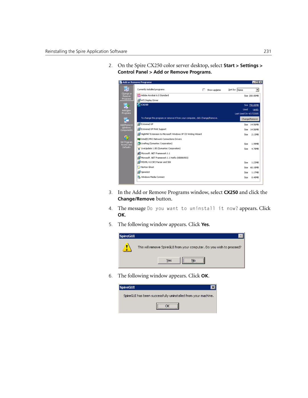 Xerox CX240 manual Add or Remove Programs window, select CX250 and click 