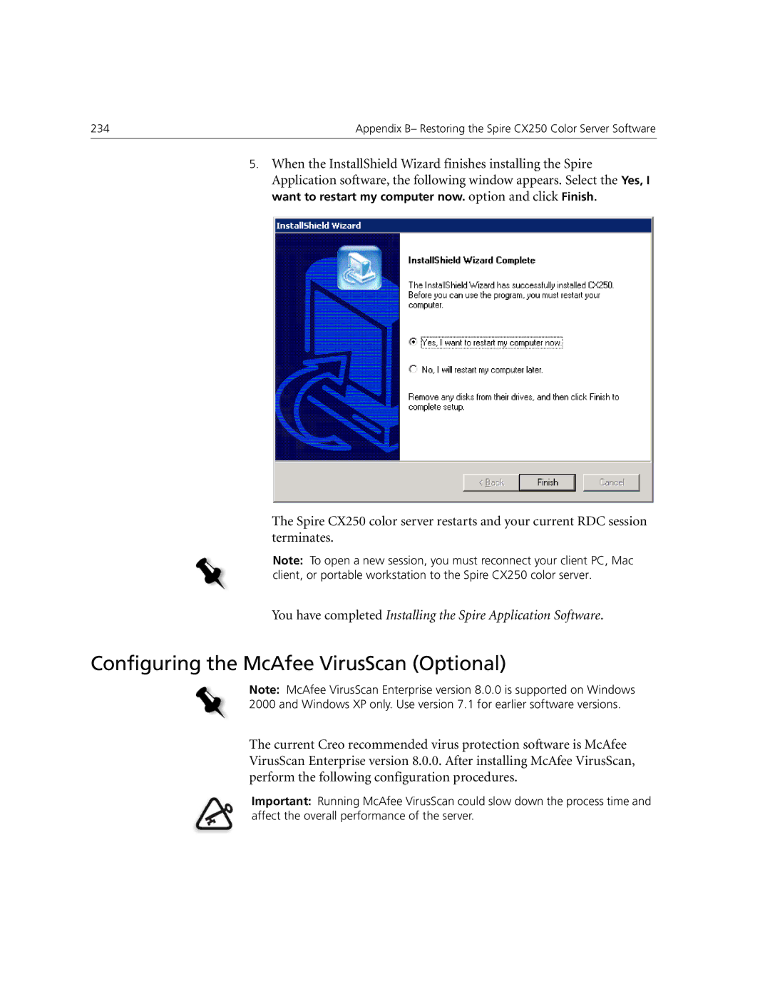 Xerox CX240, CX250 Configuring the McAfee VirusScan Optional, When the InstallShield Wizard finishes installing the Spire 