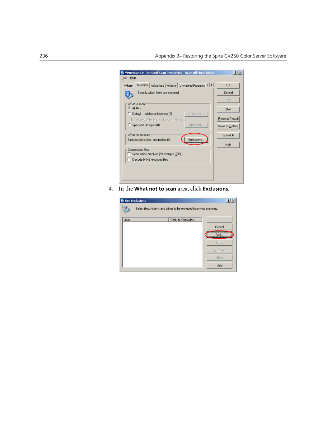 Xerox CX240, CX250 manual What not to scan area, click Exclusions 