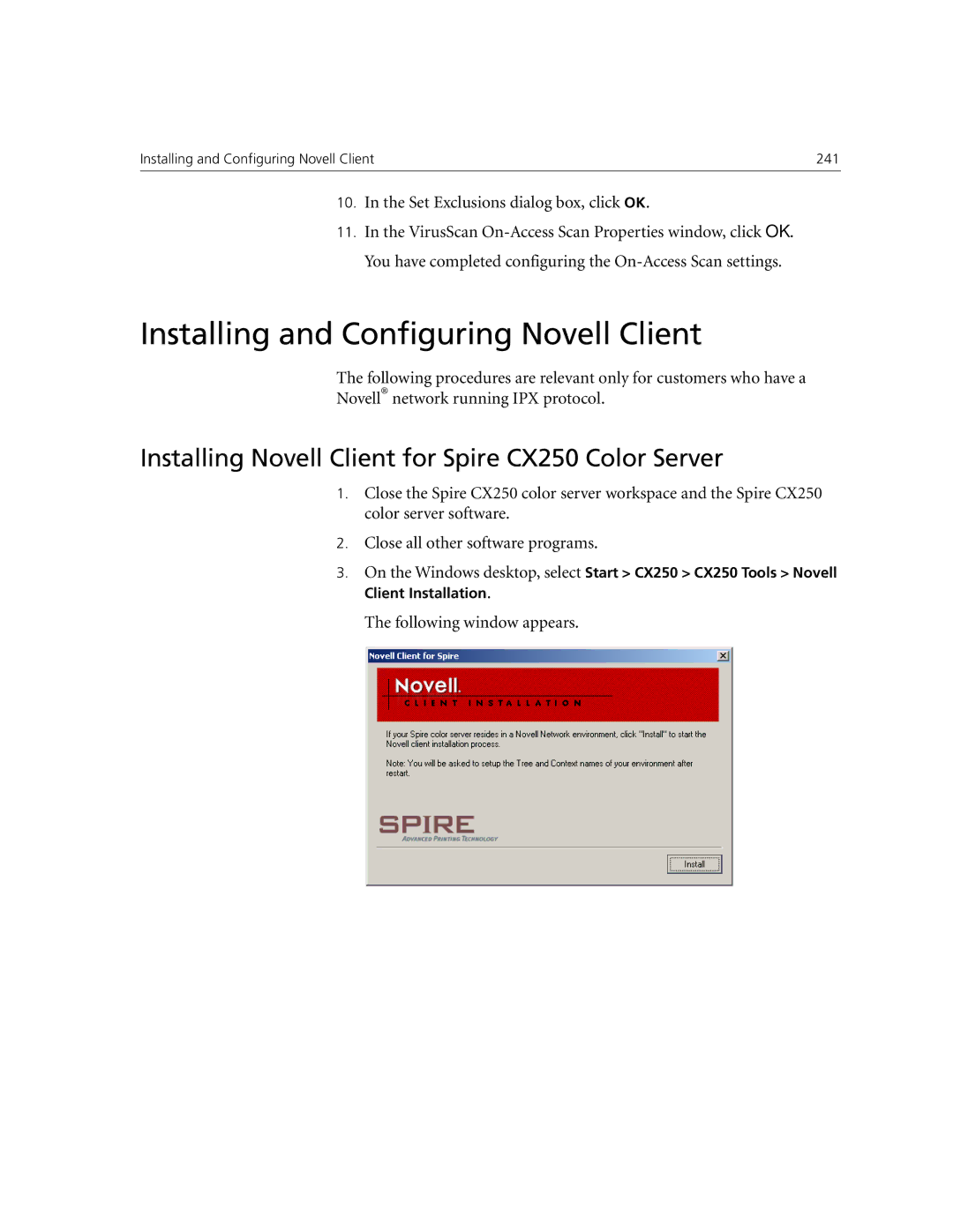 Xerox CX240 manual Installing and Configuring Novell Client, Installing Novell Client for Spire CX250 Color Server 