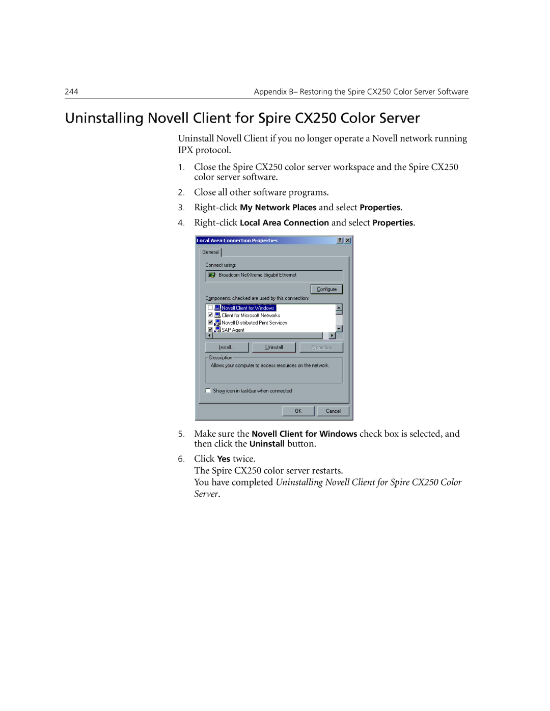 Xerox CX240 manual Uninstalling Novell Client for Spire CX250 Color Server 