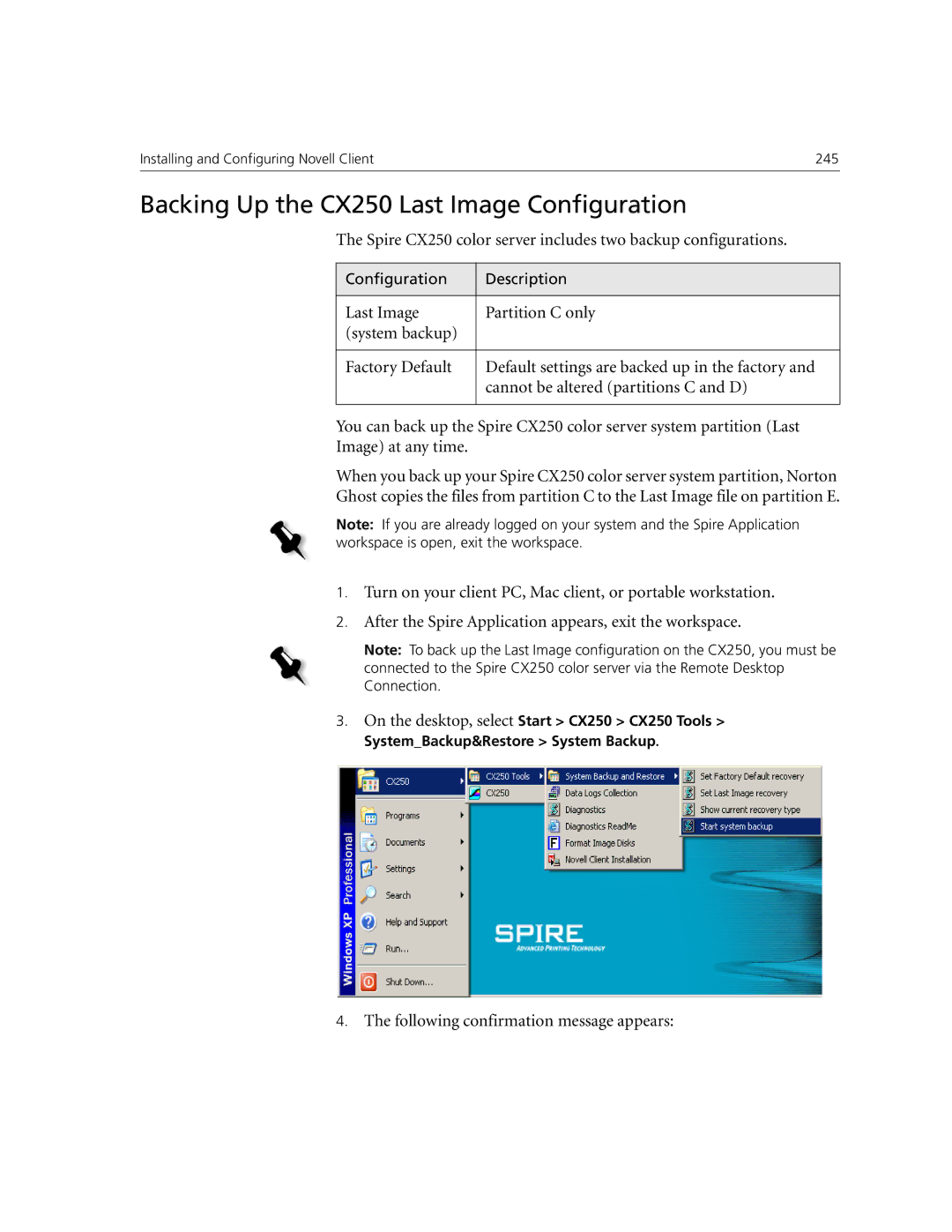 Xerox CX240 manual Backing Up the CX250 Last Image Configuration, Following confirmation message appears 