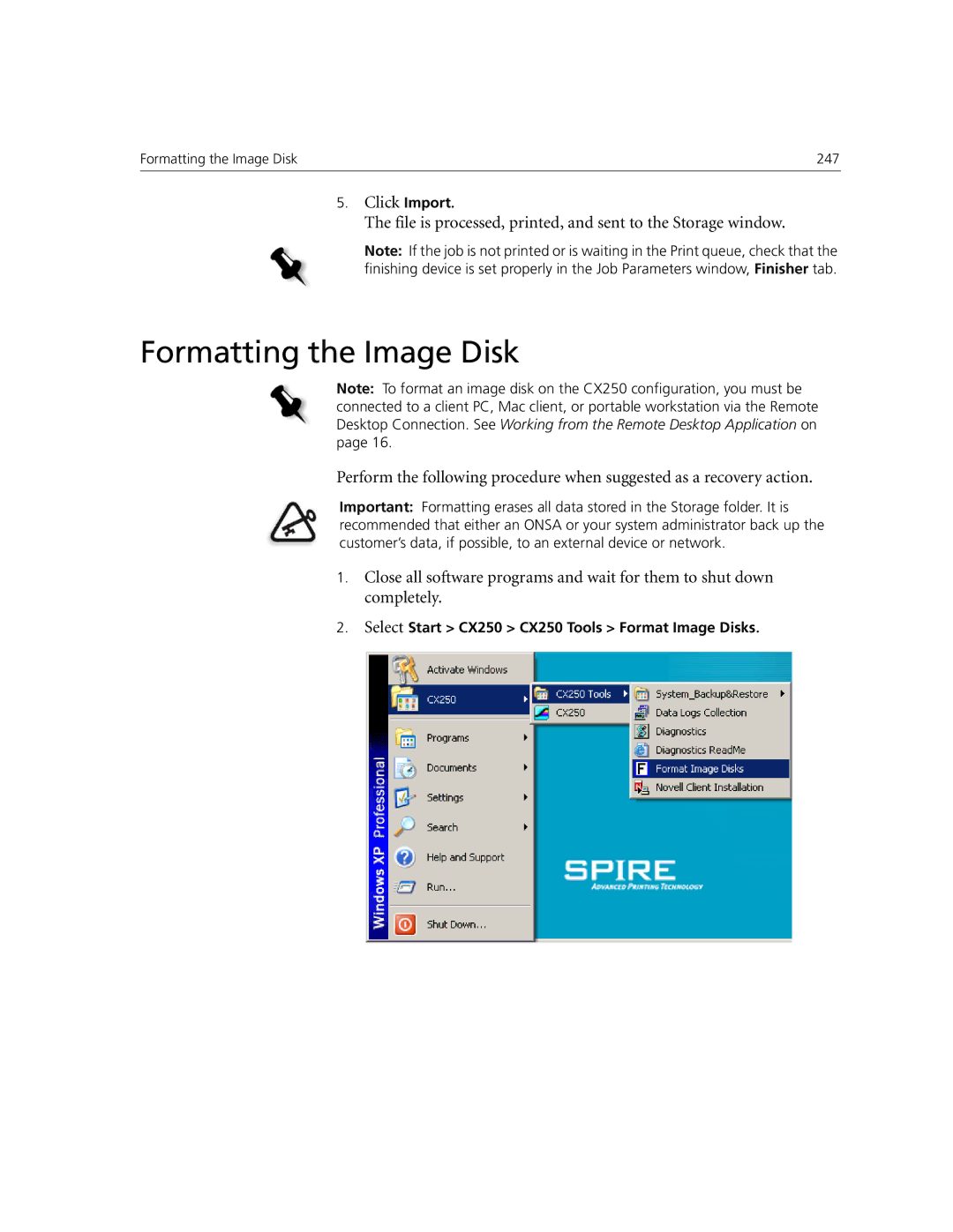 Xerox CX250, CX240 manual Formatting the Image Disk 