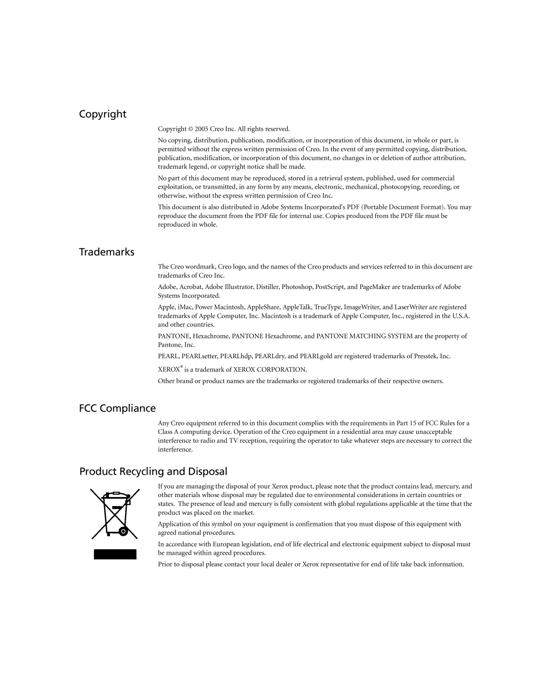 Xerox CX250, CX240 manual Copyright, Trademarks, FCC Compliance, Product Recycling and Disposal 