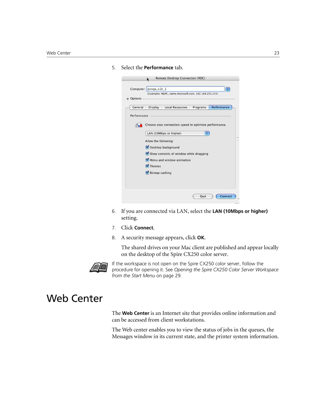 Xerox CX250, CX240 manual Web Center, Select the Performance tab 