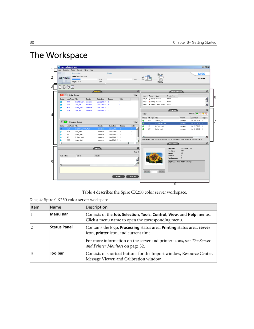 Xerox CX240 Workspace, Describes the Spire CX250 color server workspace, Click a menu name to open the corresponding menu 