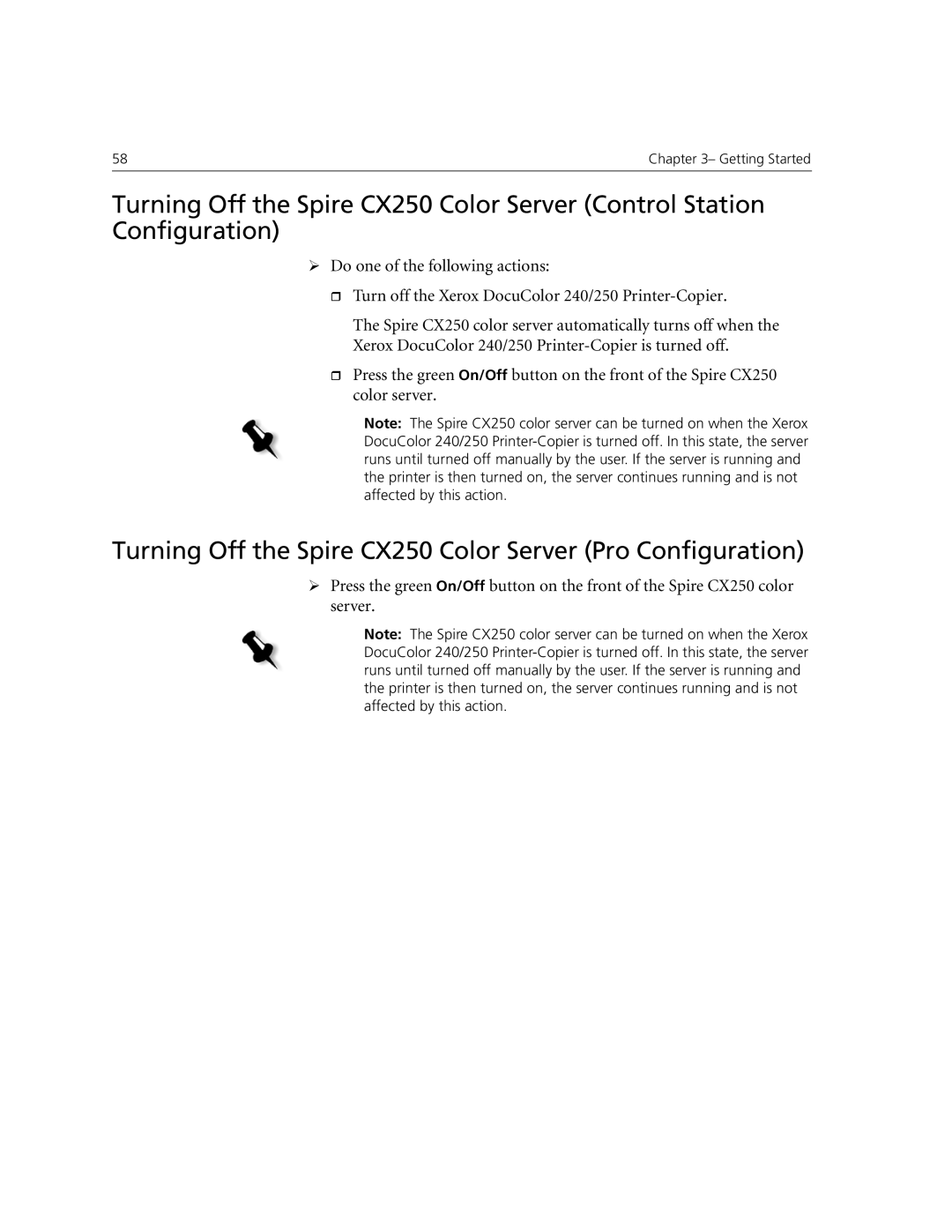 Xerox CX240 manual Turning Off the Spire CX250 Color Server Pro Configuration 