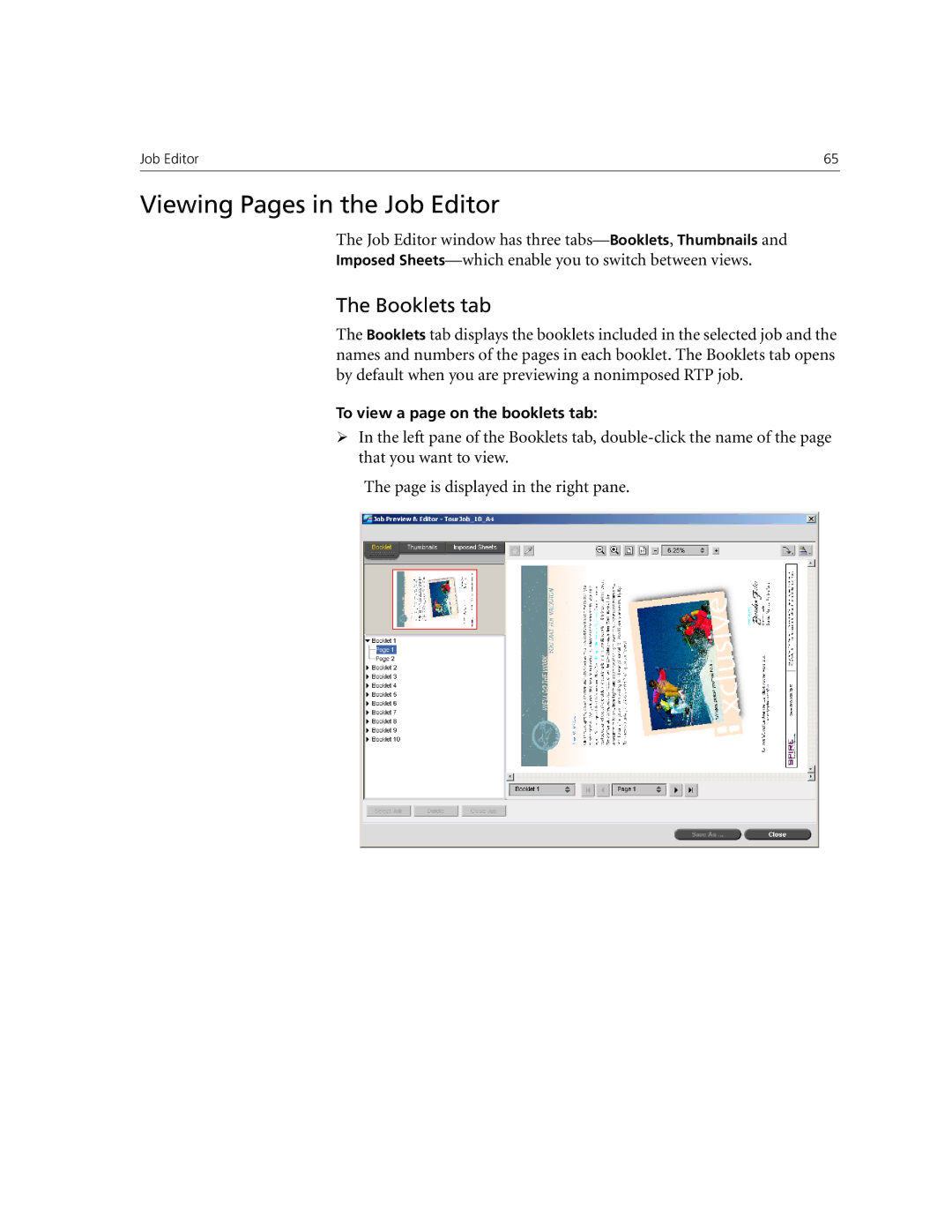 Xerox CX250, CX240 manual Viewing Pages in the Job Editor, Booklets tab 