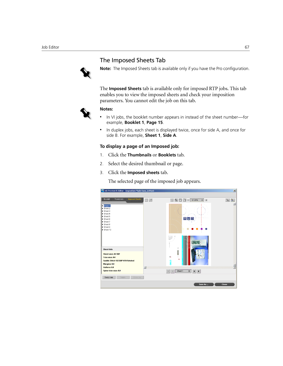 Xerox CX250, CX240 manual Imposed Sheets Tab, Select the desired thumbnail or, Selected page of the imposed job appears 