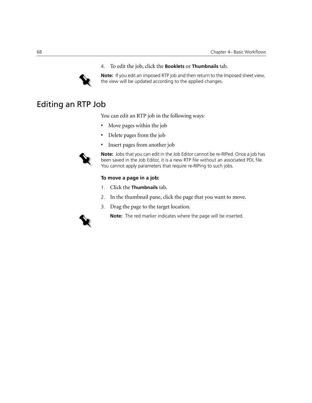 Xerox CX240, CX250 manual Editing an RTP Job, To edit the job, click the Booklets or Thumbnails tab 