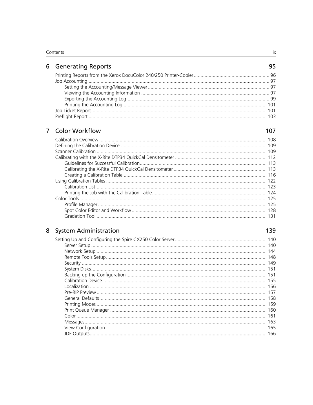 Xerox CX250, CX240 manual Generating Reports, Color Workflow 107, System Administration 139 