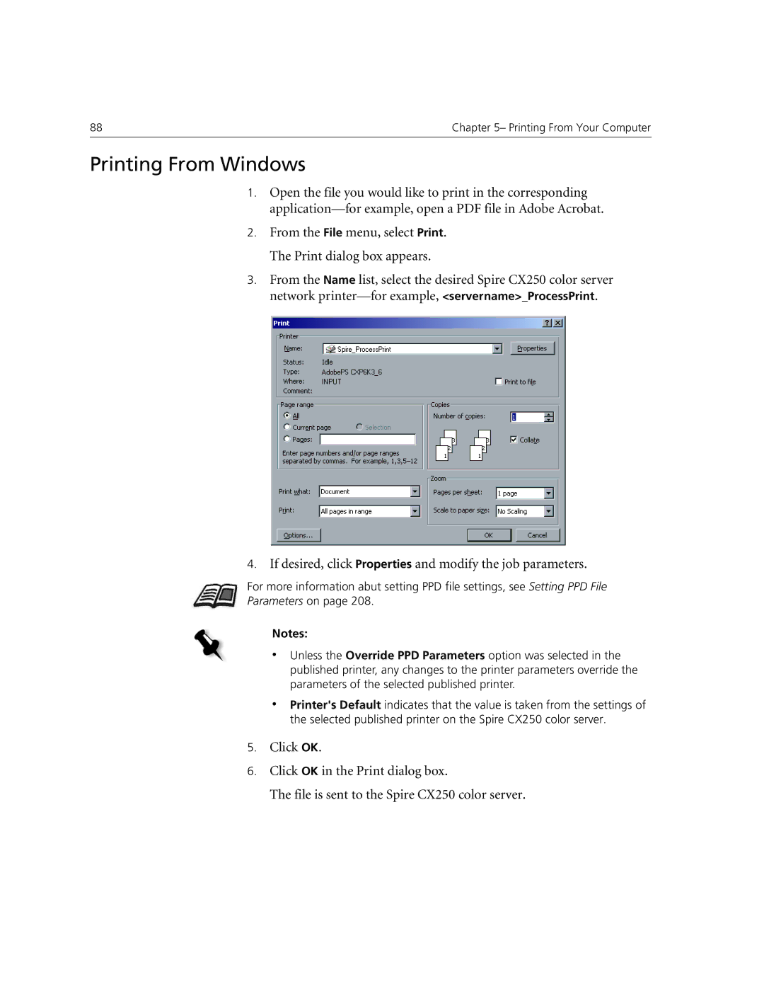 Xerox CX240, CX250 manual Printing From Windows, If desired, click Properties and modify the job parameters 