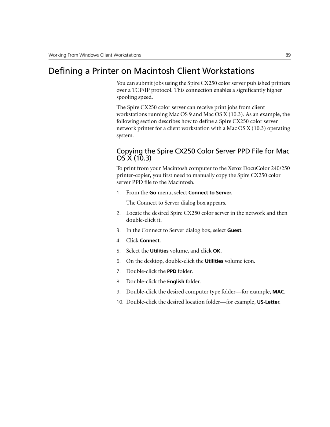 Xerox CX250, CX240 manual Defining a Printer on Macintosh Client Workstations 