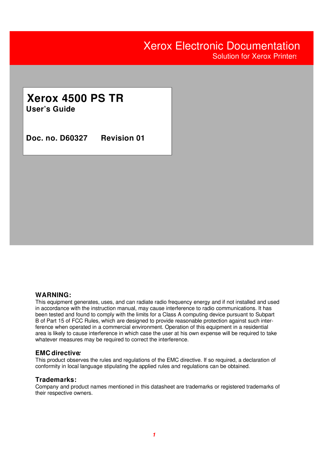 Xerox D60327 instruction manual EMC directive, Trademarks 