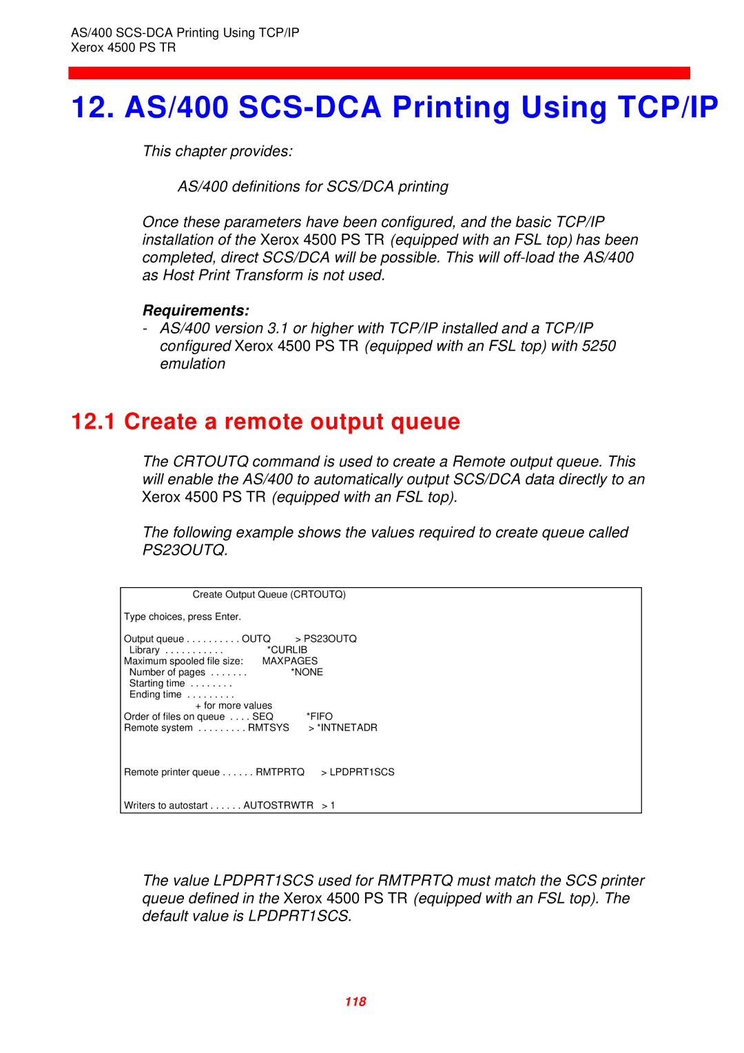 Xerox D60327 instruction manual 12. AS/400 SCS-DCA Printing Using TCP/IP, PS23OUTQ 