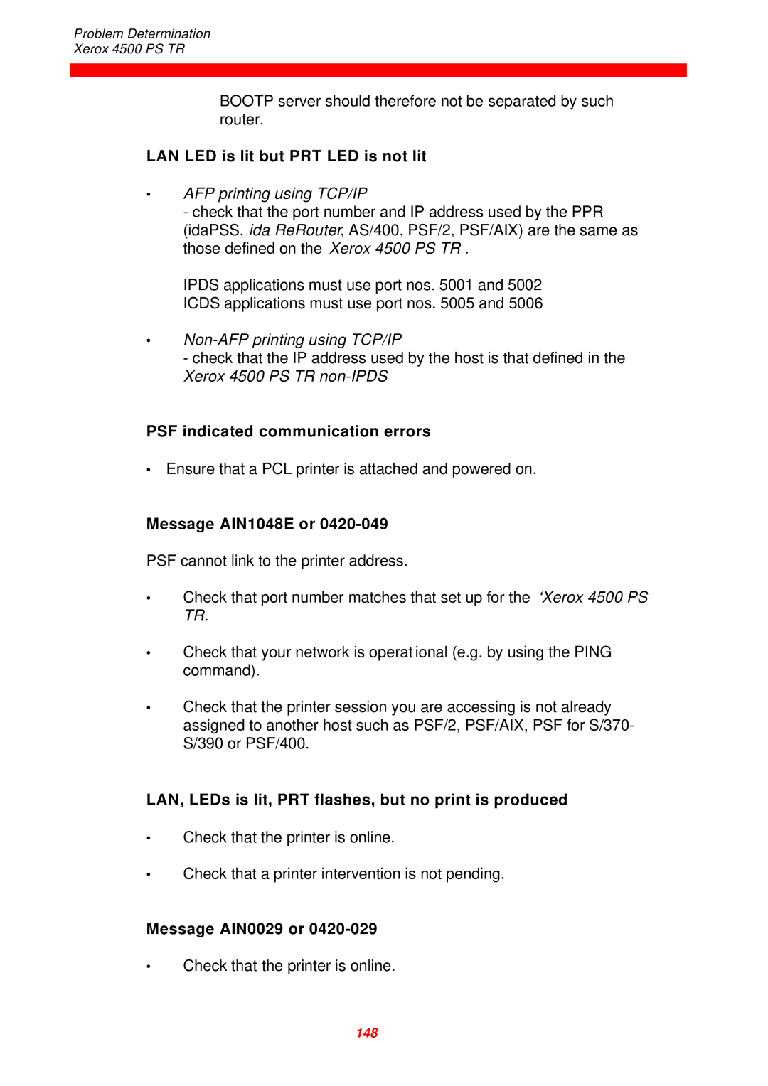 Xerox D60327 LAN LED is lit but PRT LED is not lit, PSF indicated communication errors, Message AIN1048E or 