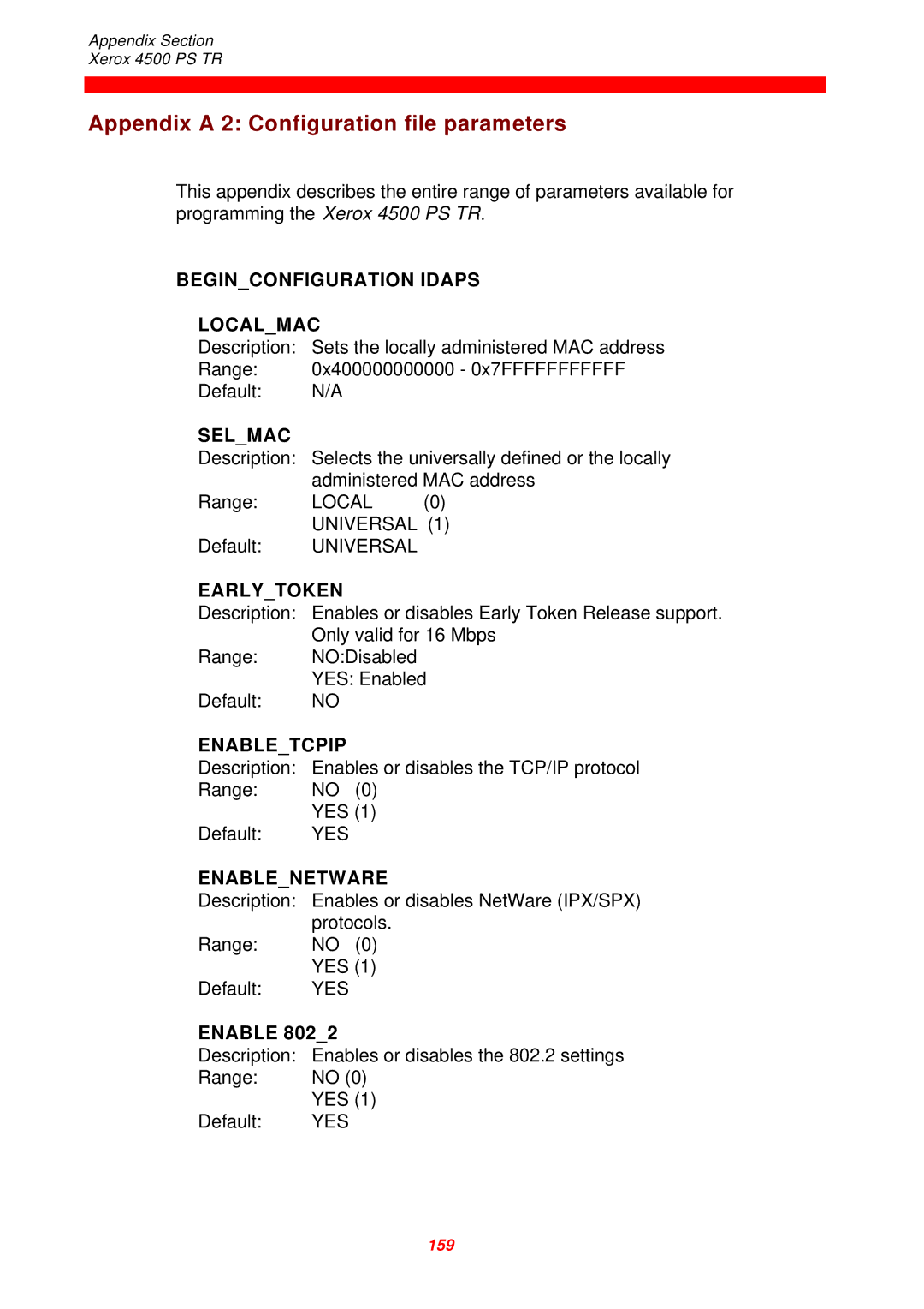 Xerox D60327 instruction manual Appendix a 2 Configuration file parameters 