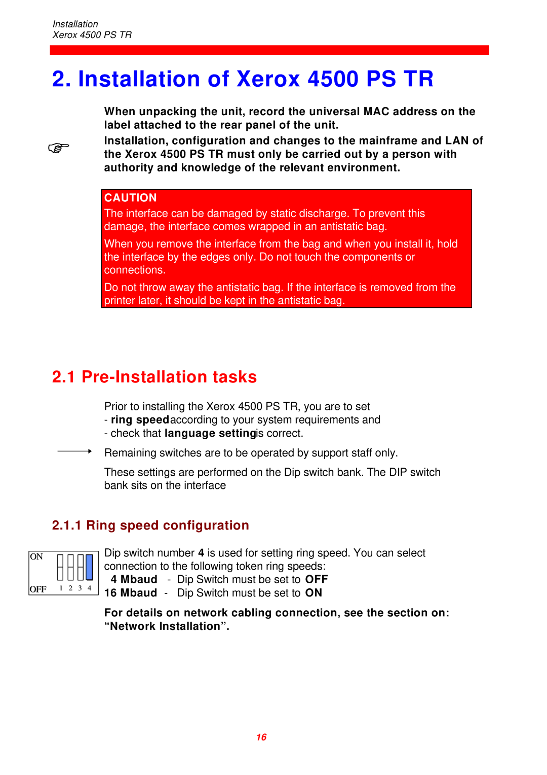 Xerox D60327 instruction manual Installation of Xerox 4500 PS TR, Pre-Installation tasks, Ring speed configuration 