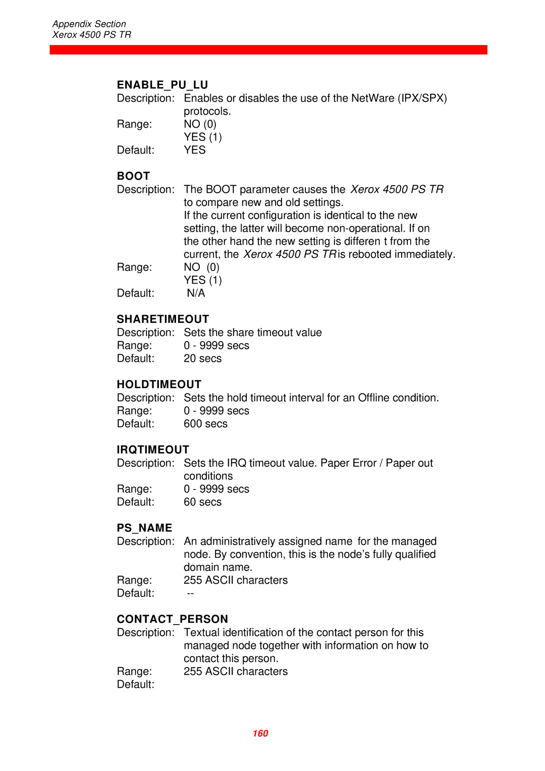 Xerox D60327 instruction manual Enablepulu, Boot, Sharetimeout, Holdtimeout, Irqtimeout, Psname, Contactperson 