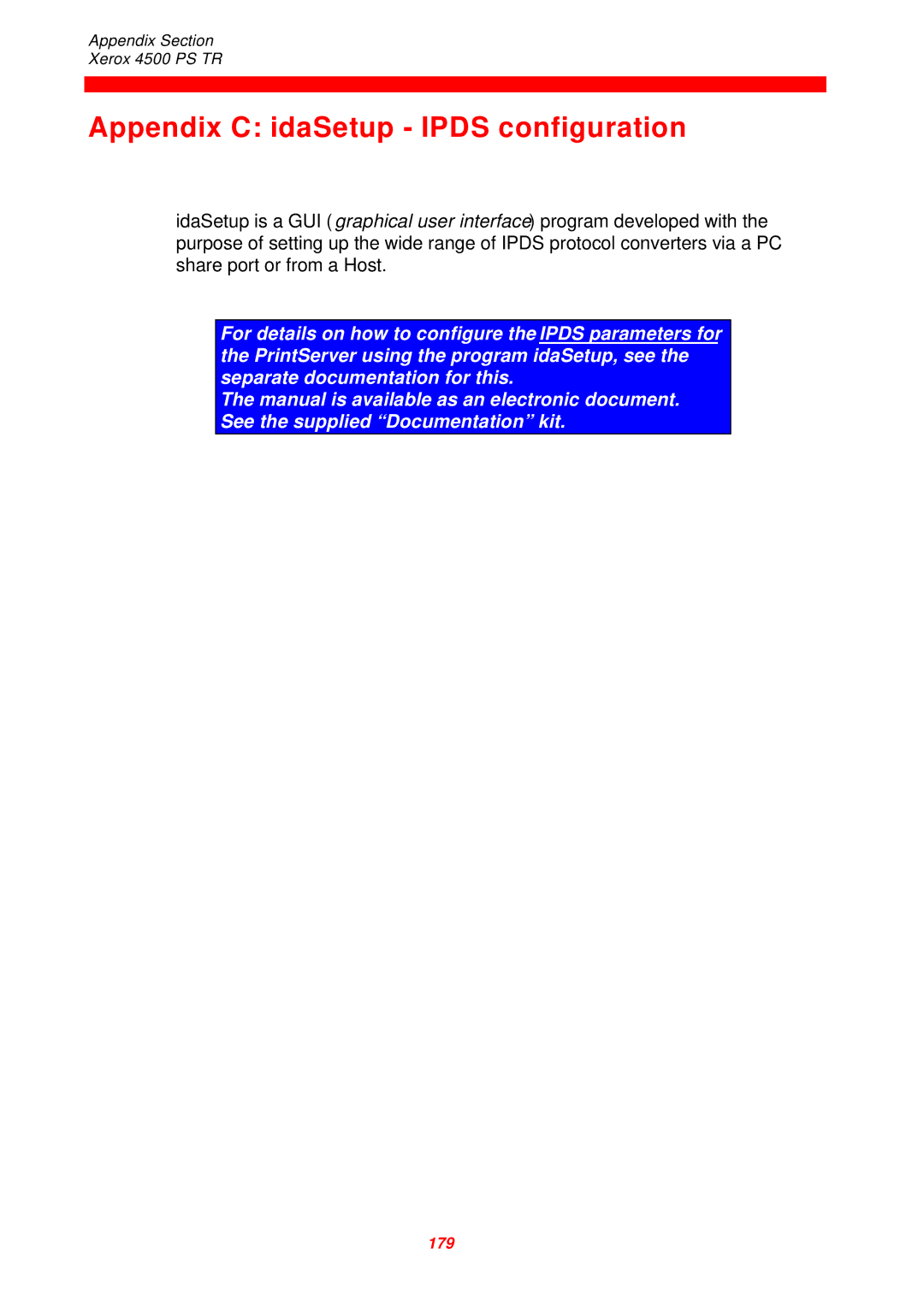 Xerox D60327 instruction manual Appendix C idaSetup Ipds configuration 