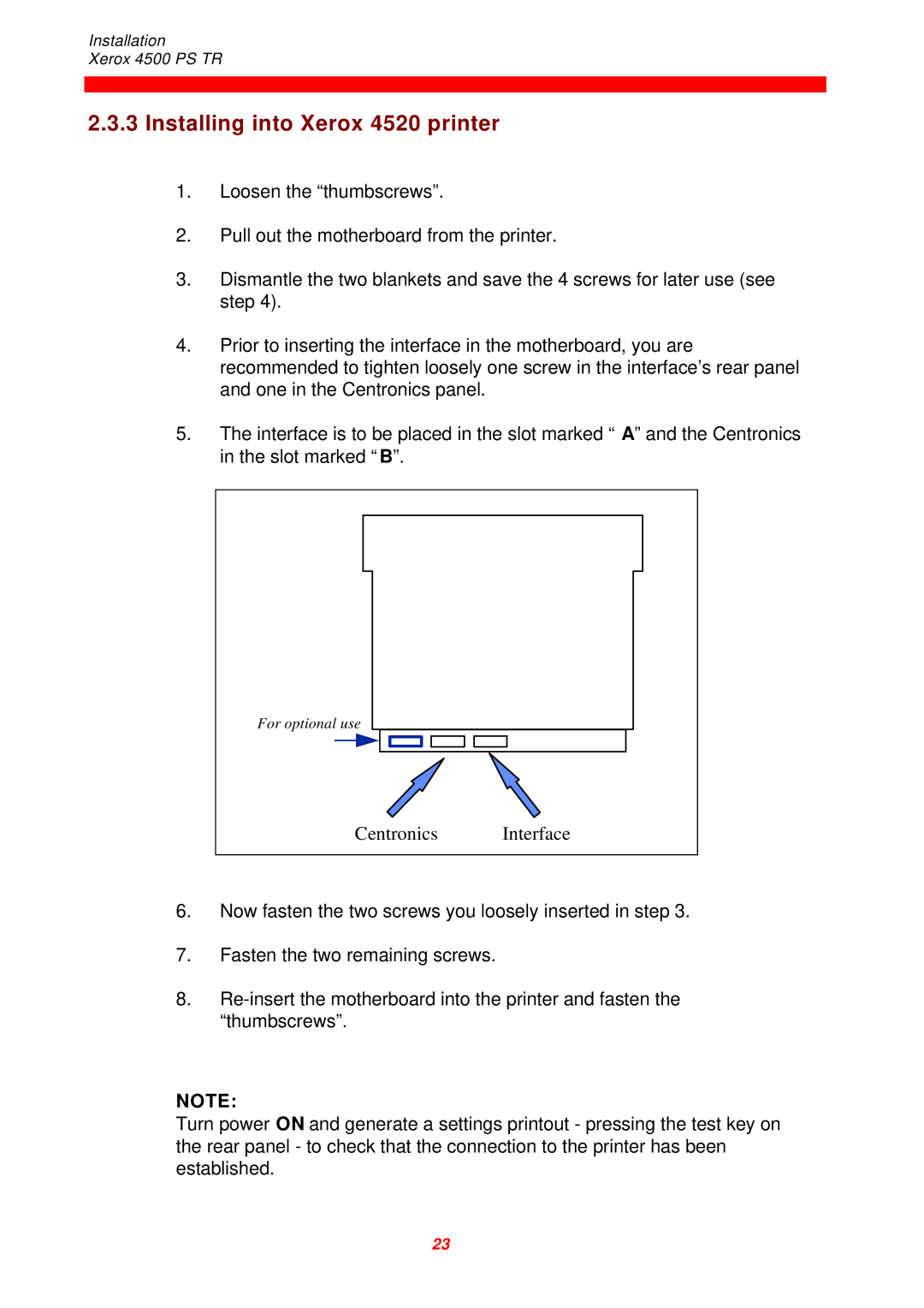 Xerox D60327 instruction manual Installing into Xerox 4520 printer 