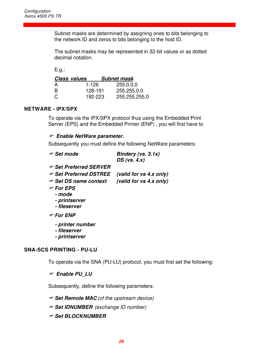 Xerox D60327 instruction manual Class values Subnet mask, Enable NetWare parameter, Enable Pulu, Set Blocknumber 