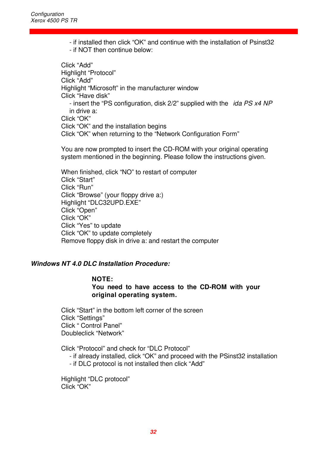 Xerox D60327 instruction manual Windows NT 4.0 DLC Installation Procedure 