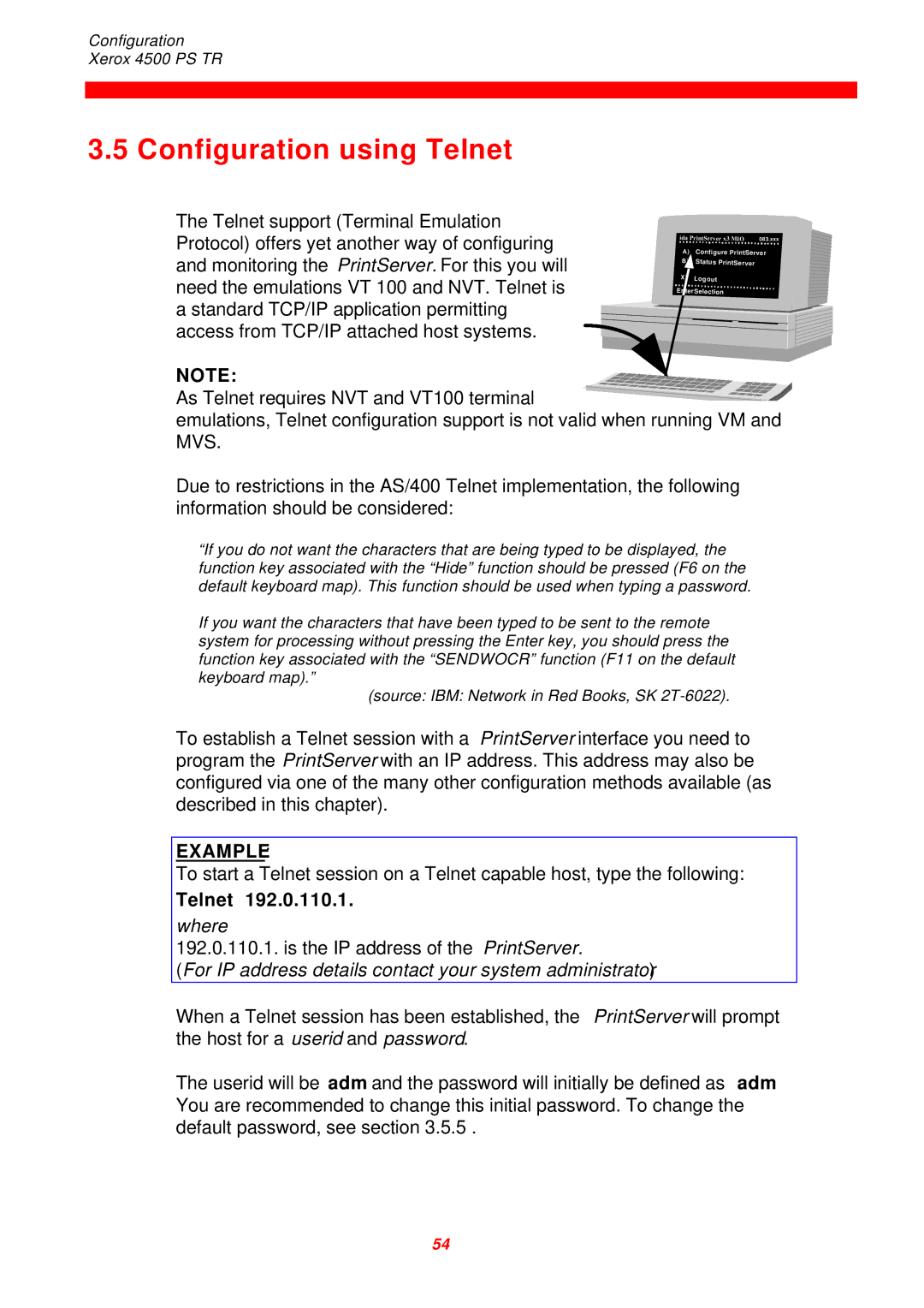 Xerox D60327 instruction manual Configuration using Telnet, Example 